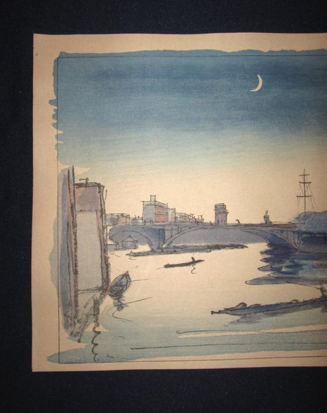 A Great Orig Japanese Woodblock Print Rinsaku Akamatsu Number #12 View Tenjinbashi Bridge from the Series of 24 Views of Osaka Showa 22 1947