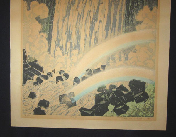 A Huge Orig Japanese Woodblock Print PENCIL Sign Limit# Kitaoka Fumio Waterfall Rainbow 1972