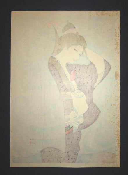 Great Orig Japanese Woodblock Print Iwata Sentaro Bijin Beauty Daytime Pssion 1970s (2)