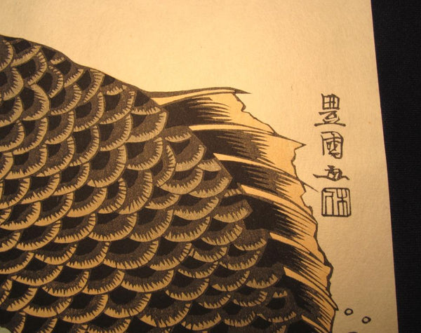 A Great Japanese Ukiyoe Woodblock Print Toyokuni Samurai Fighting Giant Carp