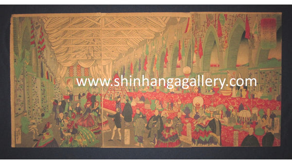 A Great Orig Japanese Yokohama Woodblock Print Triptych Yoshiiku Yokohama British Trading Place Pre-1900
