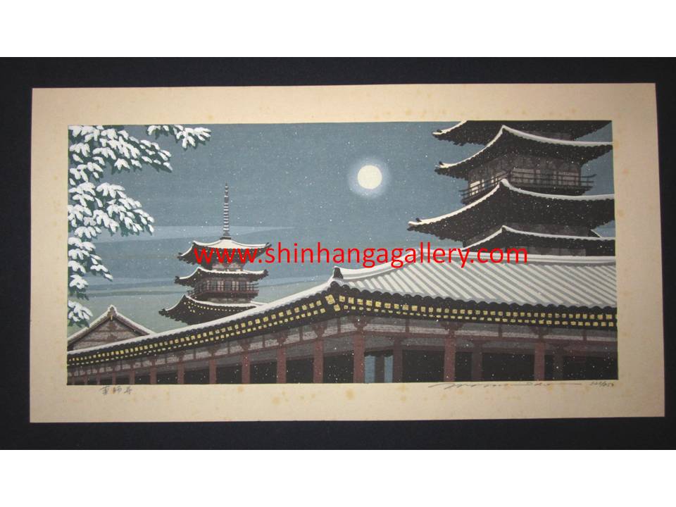 This is a HUGE very beautiful, special and LIMITED-NUMBER (320/850) original Japanese woodblock print “Winter Snow Moon Night” from his famous "Four Seasons" series Pencil-Signed by the famous Showa Shin Hanga woodblock print master Masado Ido (1945-2016) made in 1980s.  