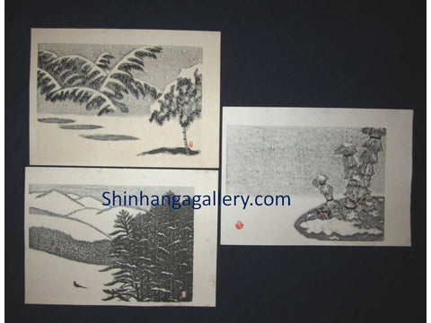 There are Three very beautiful and rare ORIGINAL Japanese woodblock prints masterpiece “Snow Pine”, "Bird in Snow Forest" and “Snow Rice Straw” signed by the famous Showa Sosaku Hanga woodblock print master Aoyama Masaharu (Seiji) (1893-1969), made in 1960s.