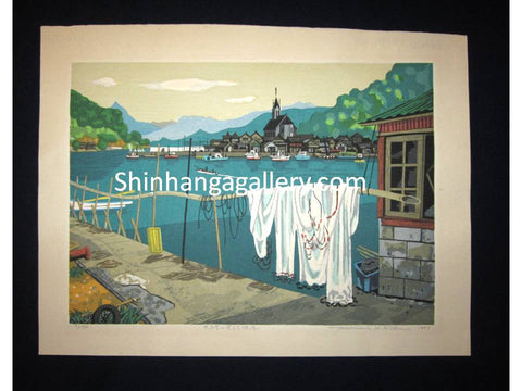LIMITED NUMBER (71/100) ORIGINAL Japanese Shin Hanga woodblock print “Catholic Church and Fisherman Harbor “ PENCIL SIGNED by Kitaoka Fumio