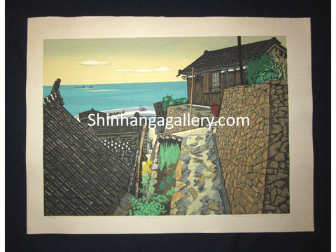 Japanese Shin Hanga woodblock print “Ishigaki Fisherman Village“ SIGNED by Kitaoka Fumio  in 1980
