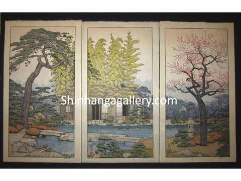 ORIGINAL Japanese woodblock print triptych “Pine, Bamboo, and Plum” signed by  Toshi Yoshida (1911-1995) made in 1980s IN EXCELLENT CONDITION.  