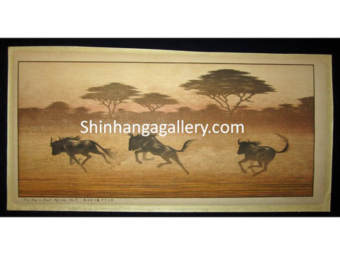 ORIGINAL Japanese woodblock print“One Day in East Africa” PENCIL SIGNED by  Toshi Yoshida (1911-1995) made in 1982 